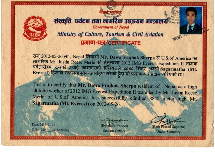 Summit Certificate — Everest (2012)