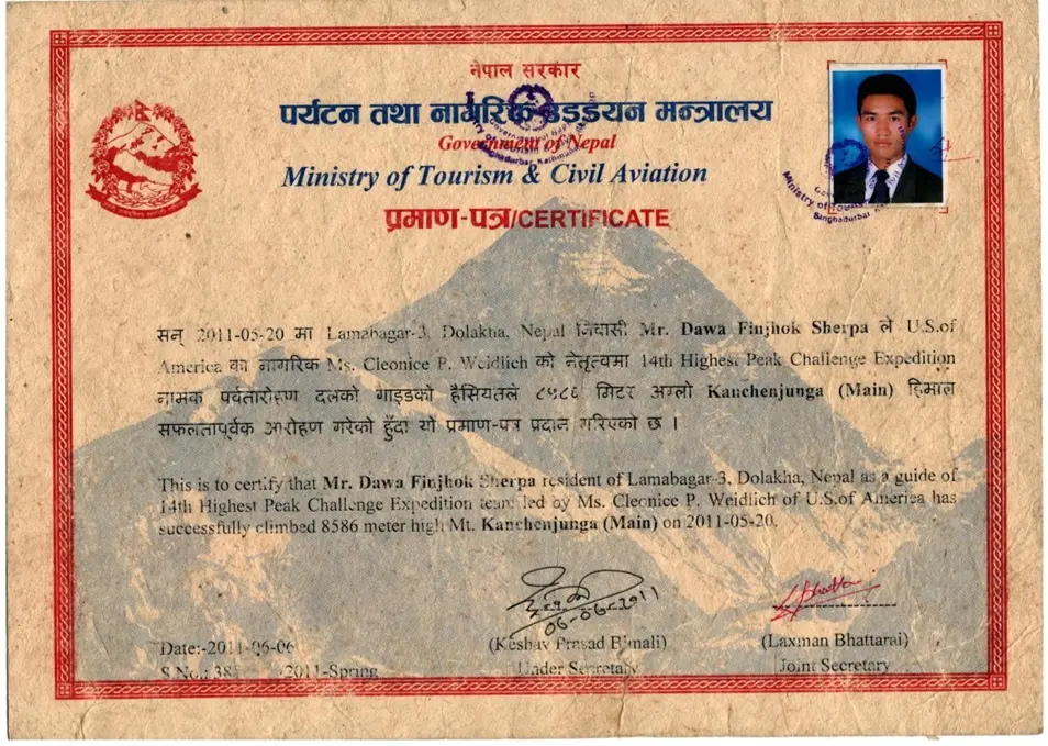 Summit Certificate — Everest (2012)