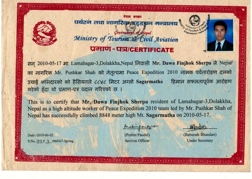 Summit Certificate — Everest (2012)