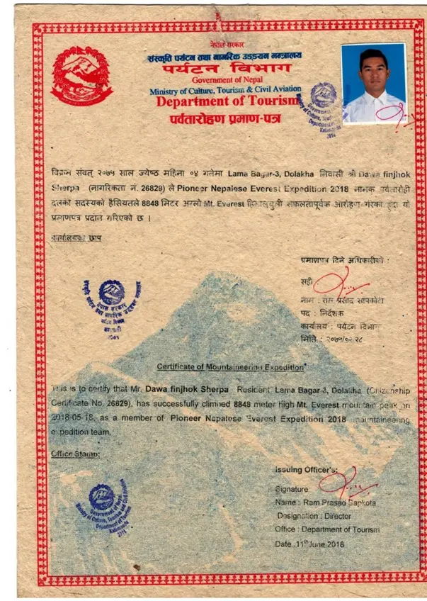 Summit Certificate — Everest (2018)